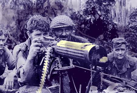 Simulation of  endocrinologists defending Synthroid and the TSH test. Courtesy of wikimedia commons. Actually Australian soldiers manning a Vickers machine gun at Sanananda in January 1943; Australian War Memorial